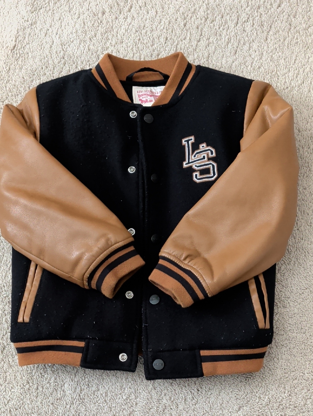 Levi's Black and Tan Leather-Sleeve Varsity Jacket